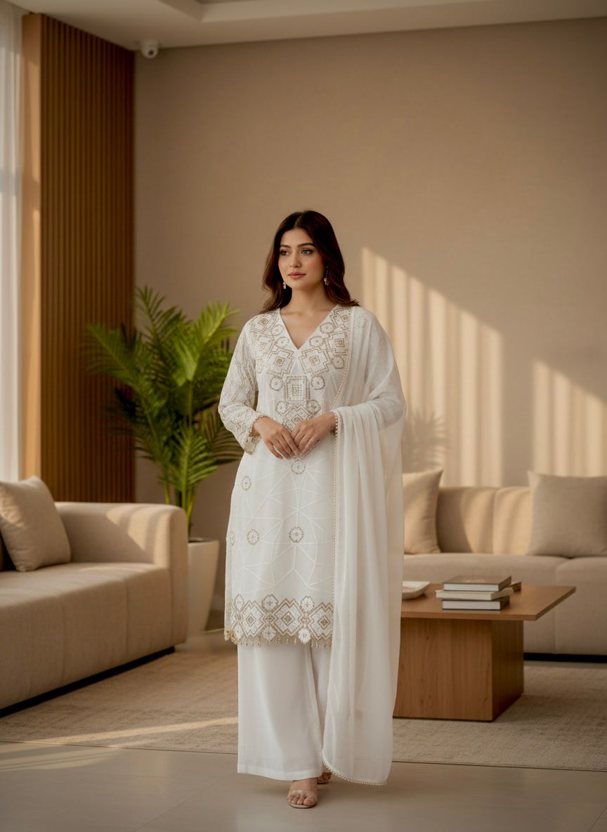 Eid Exclusive ✨ Georgette Sequence Embroidery Top Palazzo Set with Dupatta