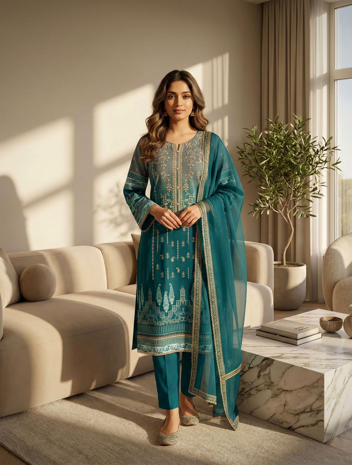 Binsaed Premium Stitched Lawn Suit for Women – Ready-Made Cotton Self Embroidered Dress with Chiffon Dupatta