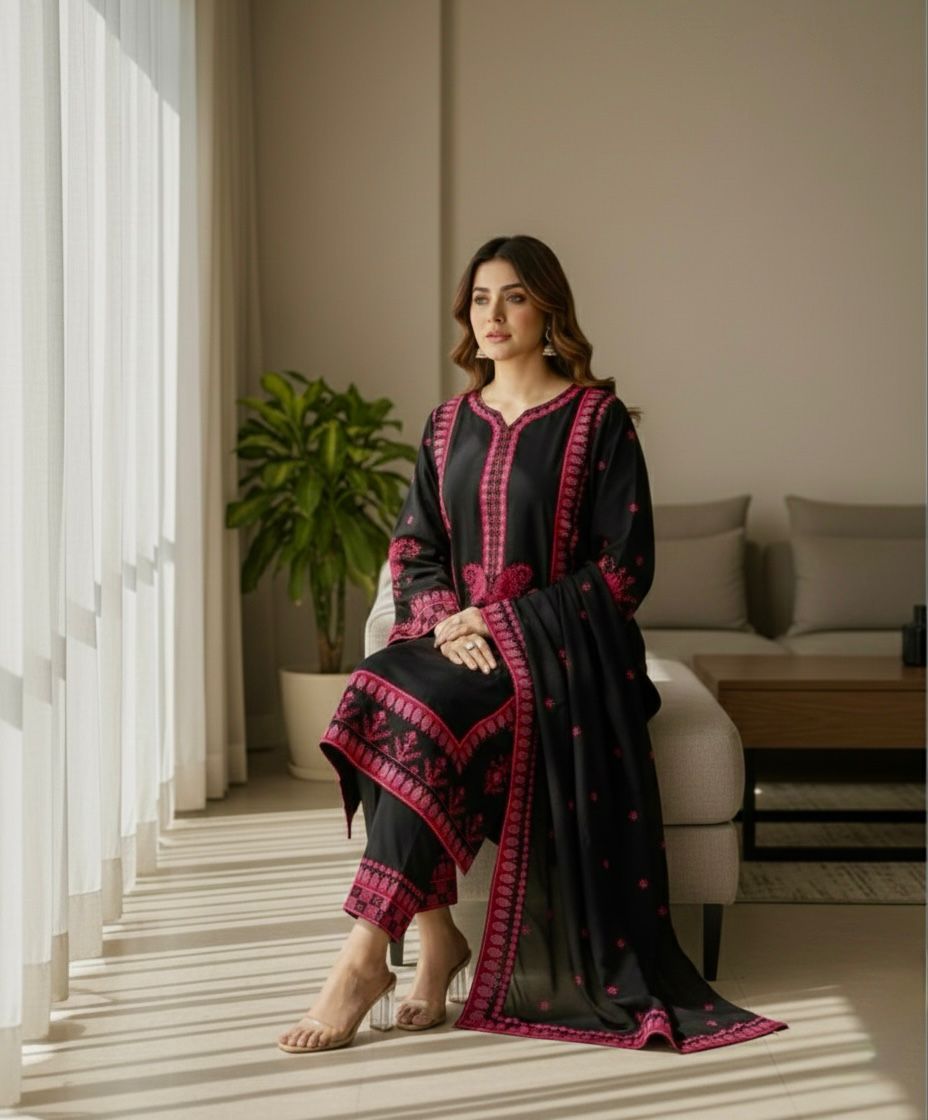 Azure-Rayon Embroidered Kurta Set with Kota Checks Dupatta