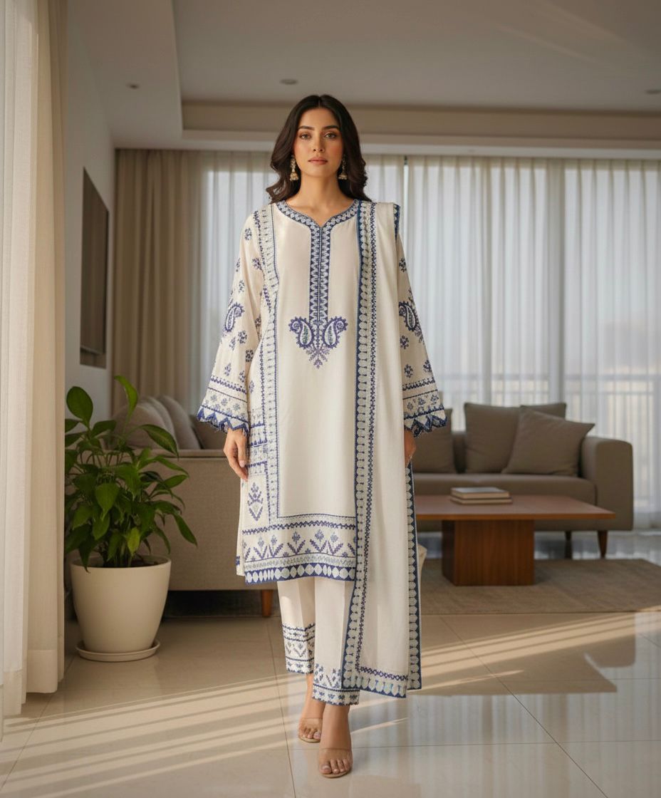 Exclusive Azure Rayon Embroidered Kurta Set with Kota Checks Dupatta