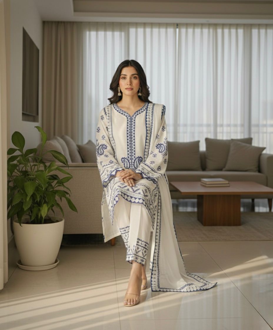 Exclusive Azure Rayon Embroidered Kurta Set with Kota Checks Dupatta