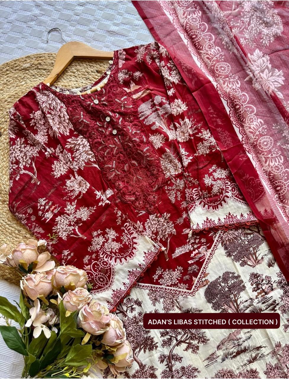 Adan’s Libas Ready-Made Stitched Lawn Suit – Elegant Embroidered Cotton 3-Piece Set