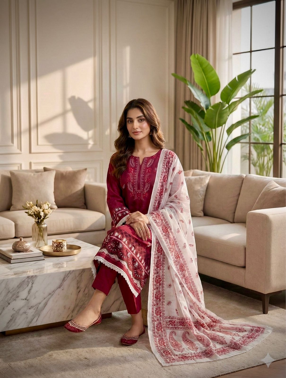 Bosque|Aghanoor Ready-Made Cotton Reddish Lawn Suit – Women’s Lace Work Collection