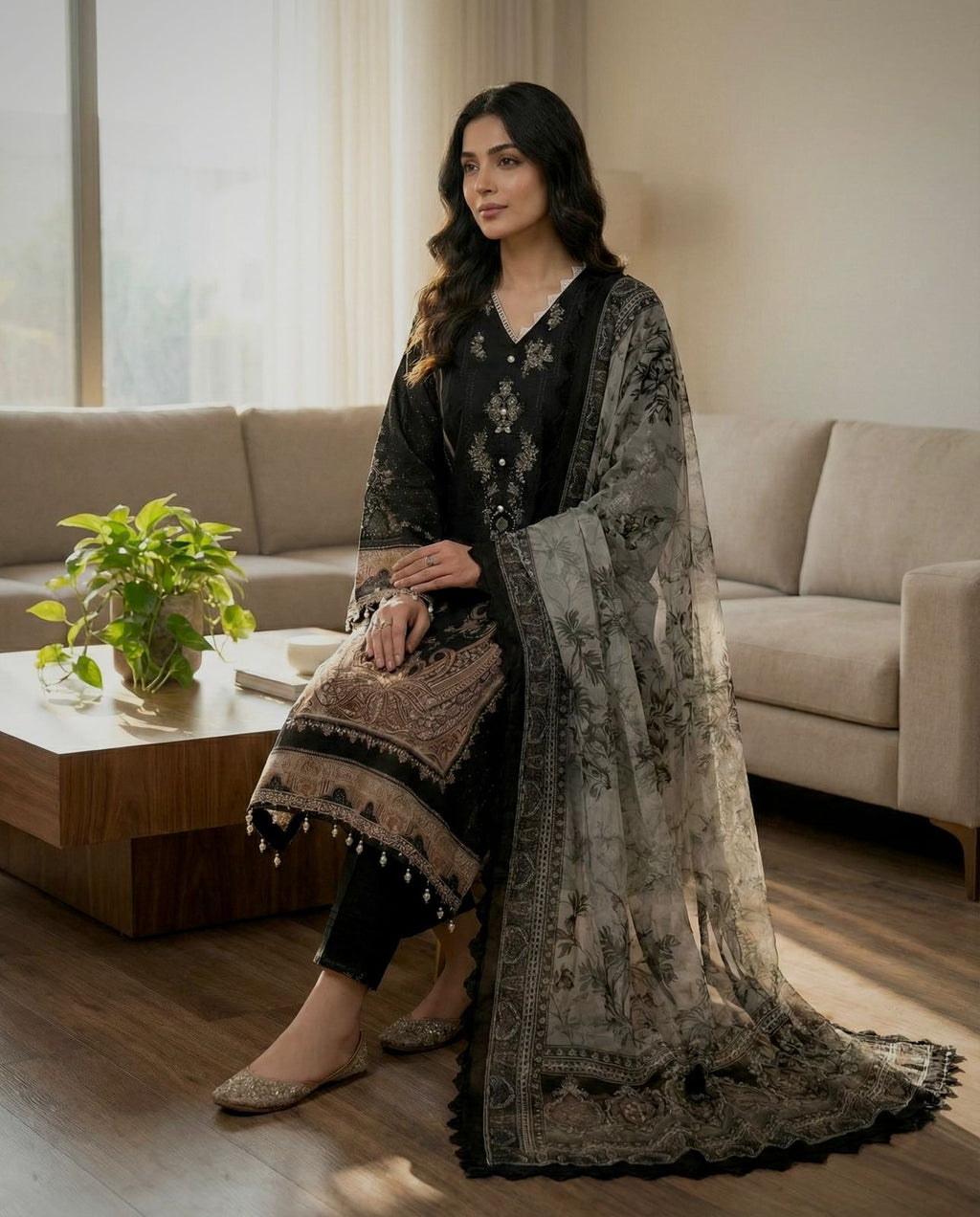 Bosque| Stitched Lawn Suit, Black – Women’s Cotton Embroidered Ready-Made Collection