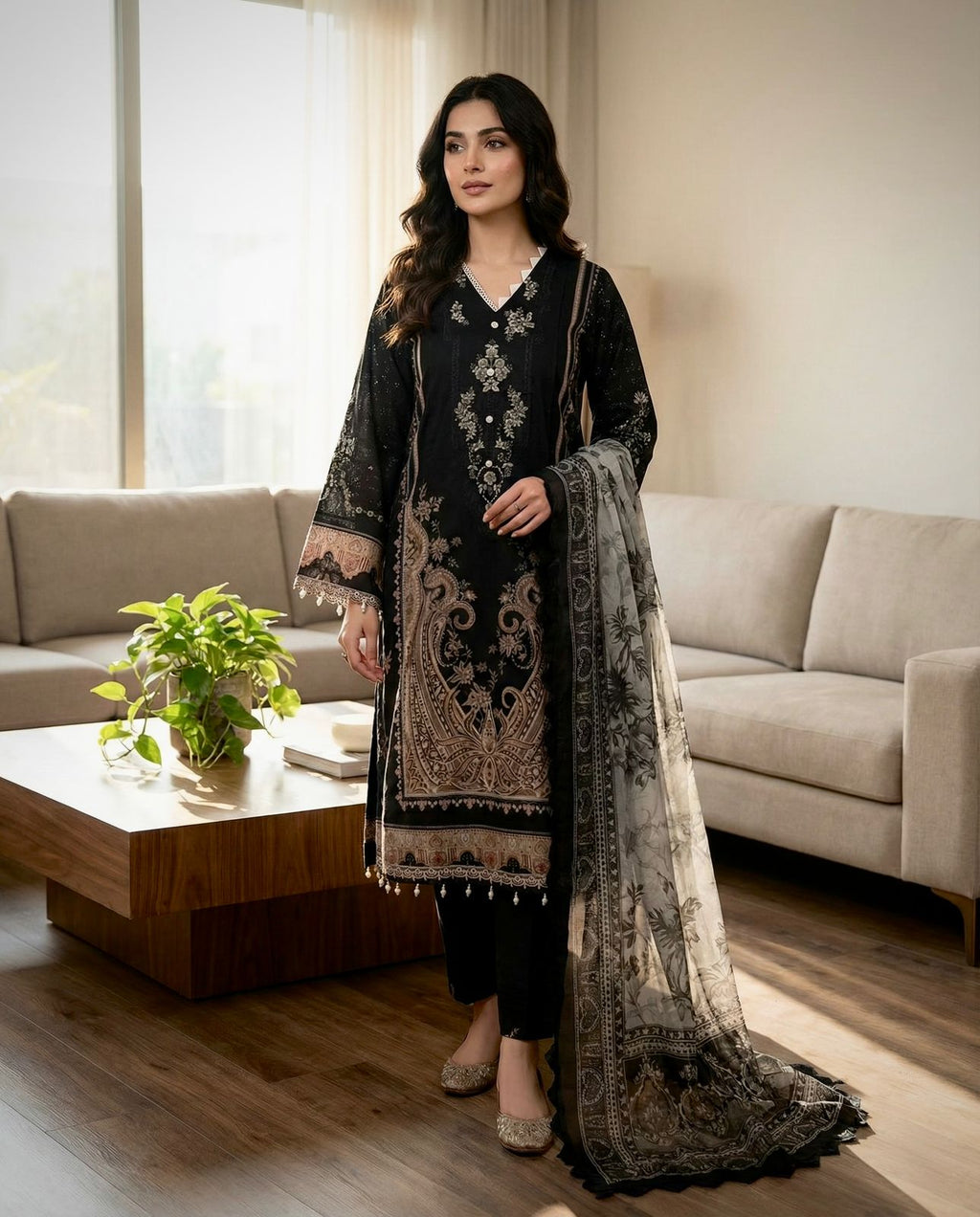 Bosque| Stitched Lawn Suit, Black – Women’s Cotton Embroidered Ready-Made Collection