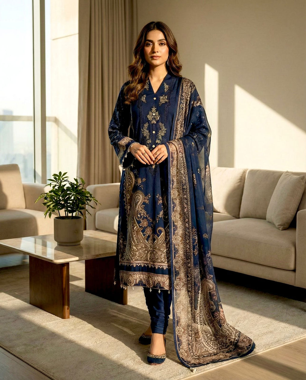 Bosque| Stitched Lawn Suit, Navy – Women’s Cotton Embroidered Ready-Made Collection