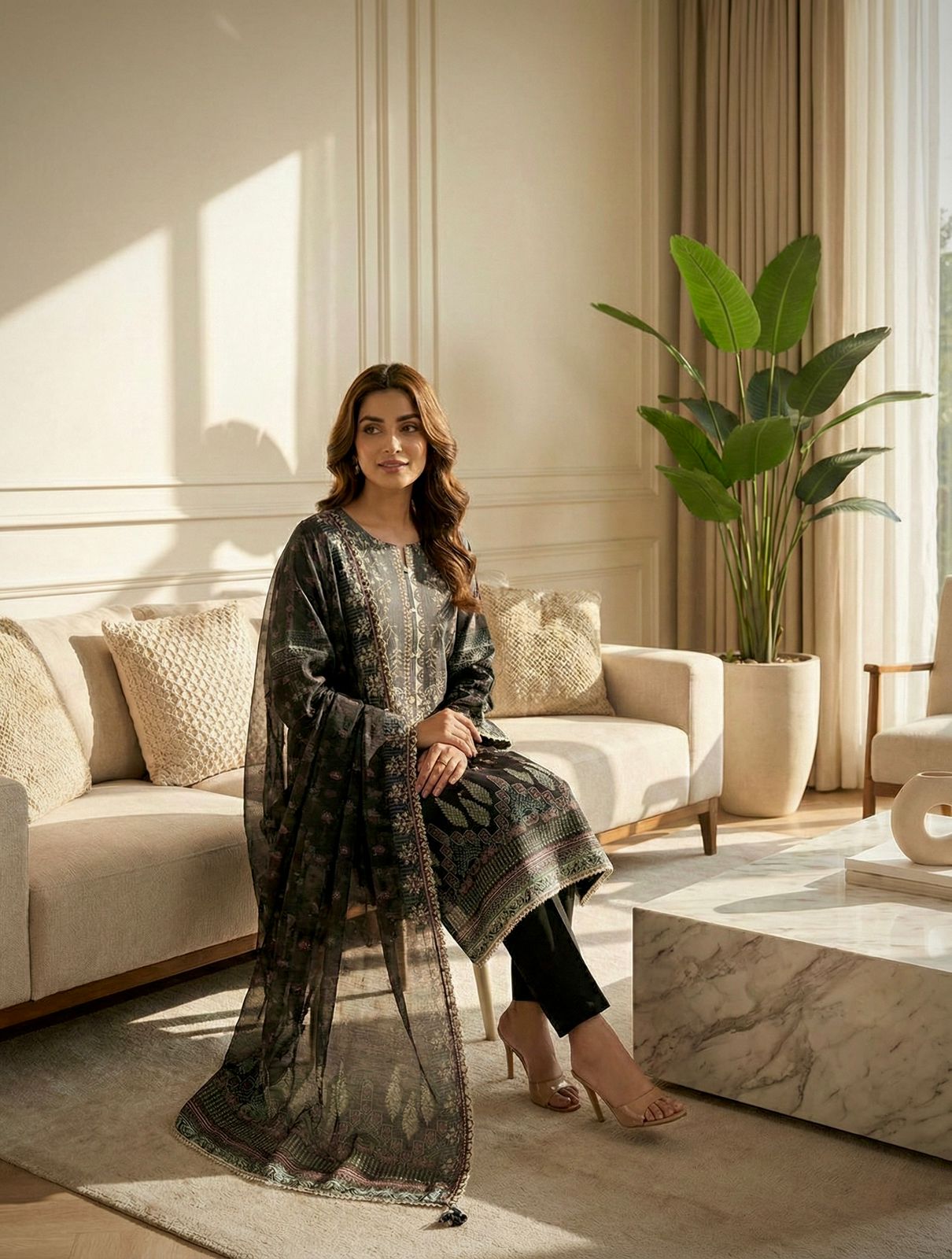 Binsaed Premium Stitched Lawn Suit for Women – Ready-Made Cotton Self Embroidered Dress with Chiffon Dupatta