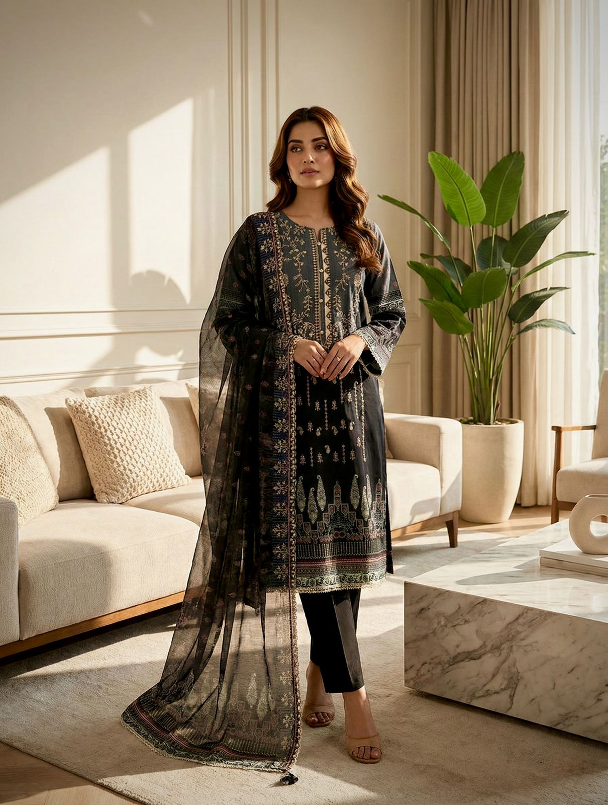 Binsaed Premium Stitched Lawn Suit for Women – Ready-Made Cotton Self Embroidered Dress with Chiffon Dupatta