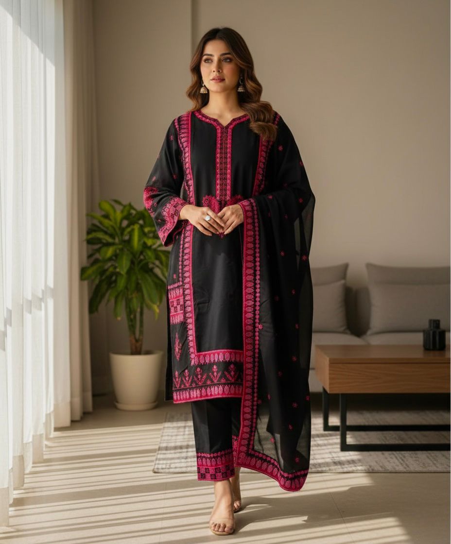 Azure-Rayon Embroidered Kurta Set with Kota Checks Dupatta