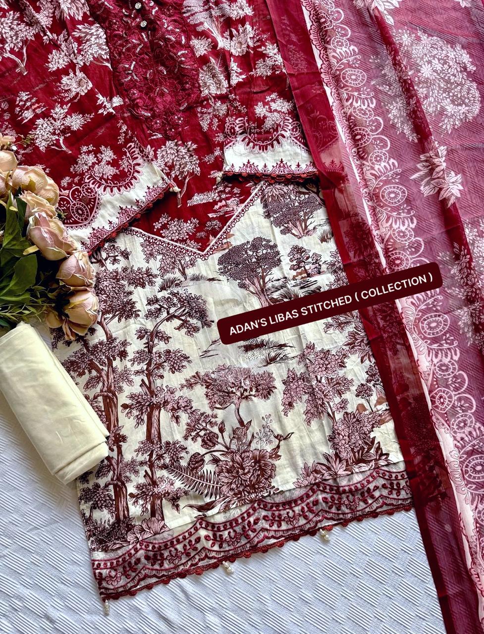 Adan’s Libas Ready-Made Stitched Lawn Suit – Elegant Embroidered Cotton 3-Piece Set